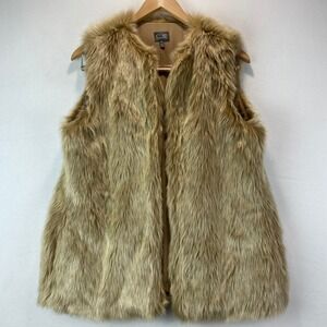 Cusp by Neiman Marcus Faux Fur Vest Women Size M Tan Shaggy Glam Open Front 0483